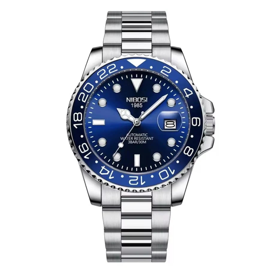 Relógio automático masculino Nibosi Majestic com pulseira em aço inoxidável e visor azul