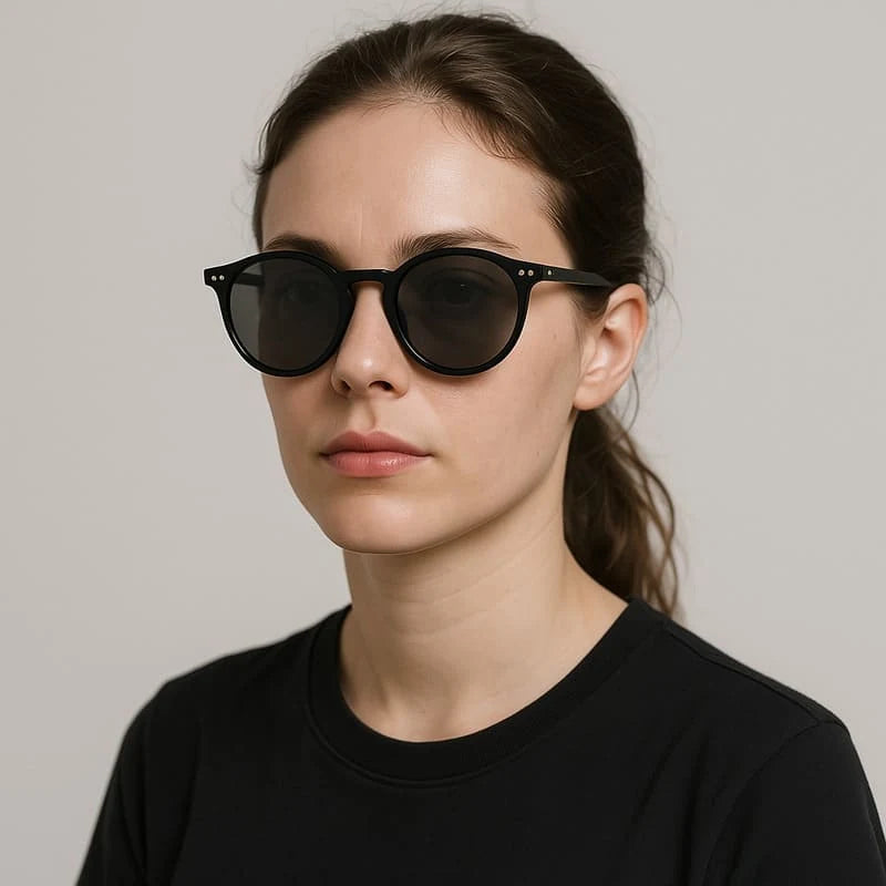 Óculos de Sol Feminino Nibosi Merry preto no rosto, outro ângulo