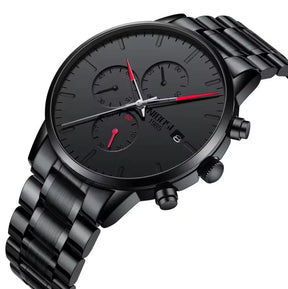 Relógio Nibosi minimalista masculino Preto com ponteiros vermelhos