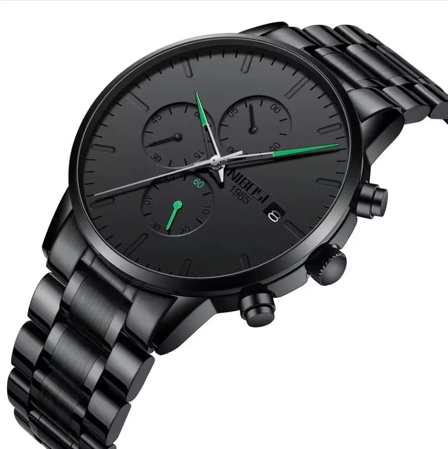 Relógio Nibosi minimalista masculino Preto com ponteiros verdes