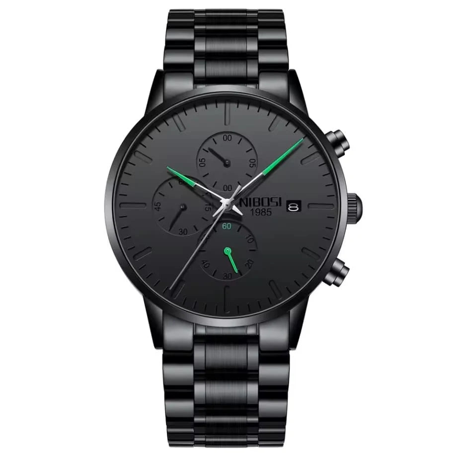 Relógio Nibosi minimalista masculino Preto com ponteiros verdes