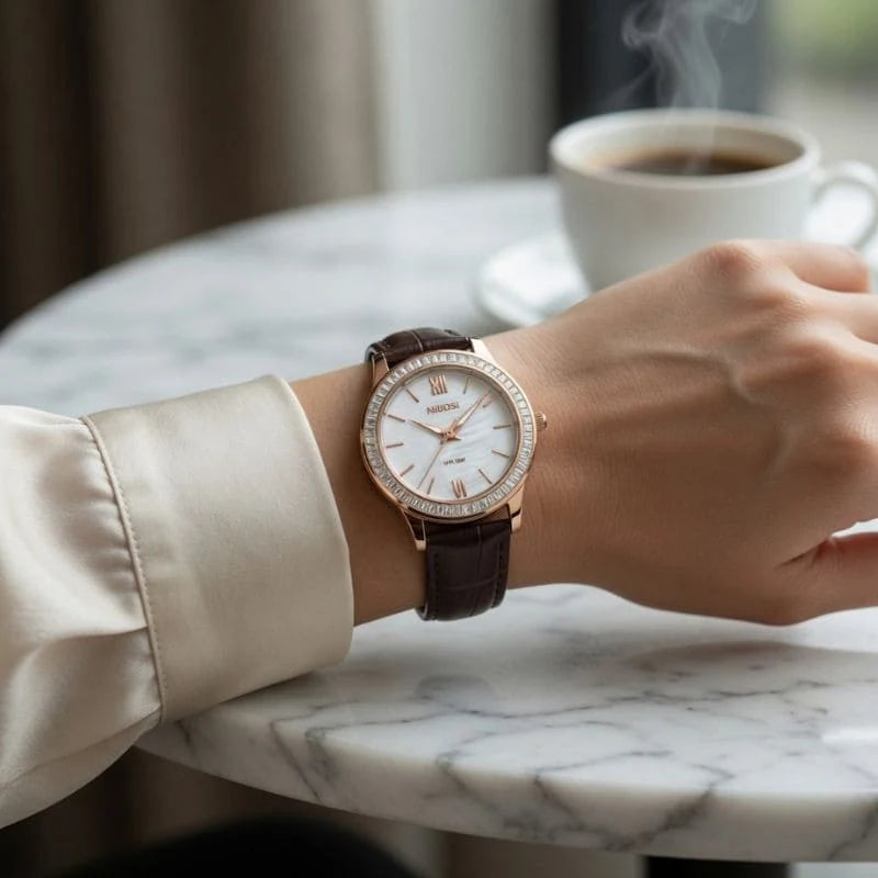 Relógio feminino Nibosi Nataly com pulseira de couro marrom e mostrador branco 