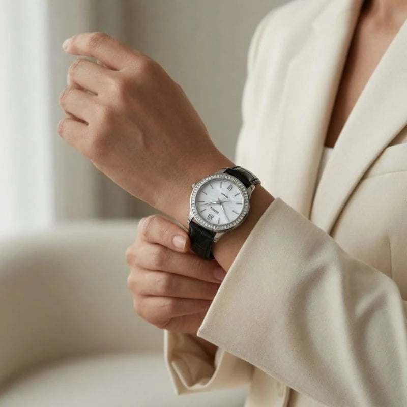 Relógio feminino Nibosi Nataly com pulseira de couro preta e mostrador branco 