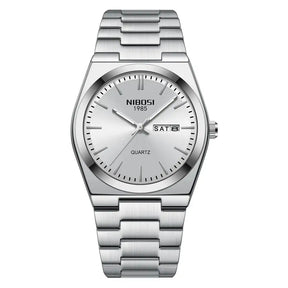 Relógio Nibosi Masculino Minimalista 2658 Com Pulseira de Aço Inoxidável Prata e Visor Branco