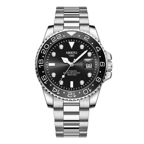 Relógio automático masculino Nibosi Majestic com pulseira em aço inoxidável e visor preto