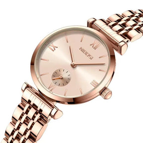 zomm no visor do Relógio minimalista pequeno feminino Nibosi 32mm com pulseira em aço inoxidável rosé com visor rosé