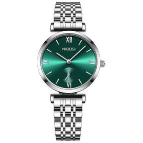 Relógio minimalista feminino pequeno Nibosi com pulseira em aço inoxidável prata com visor verde