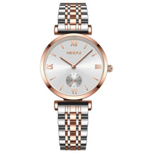Relógio minimalista feminino pequeno Nibosi com pulseira em aço inoxidável prata e rosé com visor branco