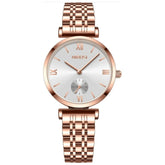 Relógio minimalista feminino Nibosi pequeno com pulseira em aço inoxidável rosé com visor branco