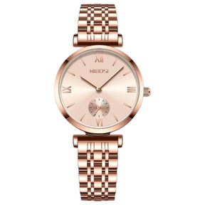 Relógio minimalista feminino Nibosi pequeno 32mm com pulseira em aço inoxidável rosé com visor rosé