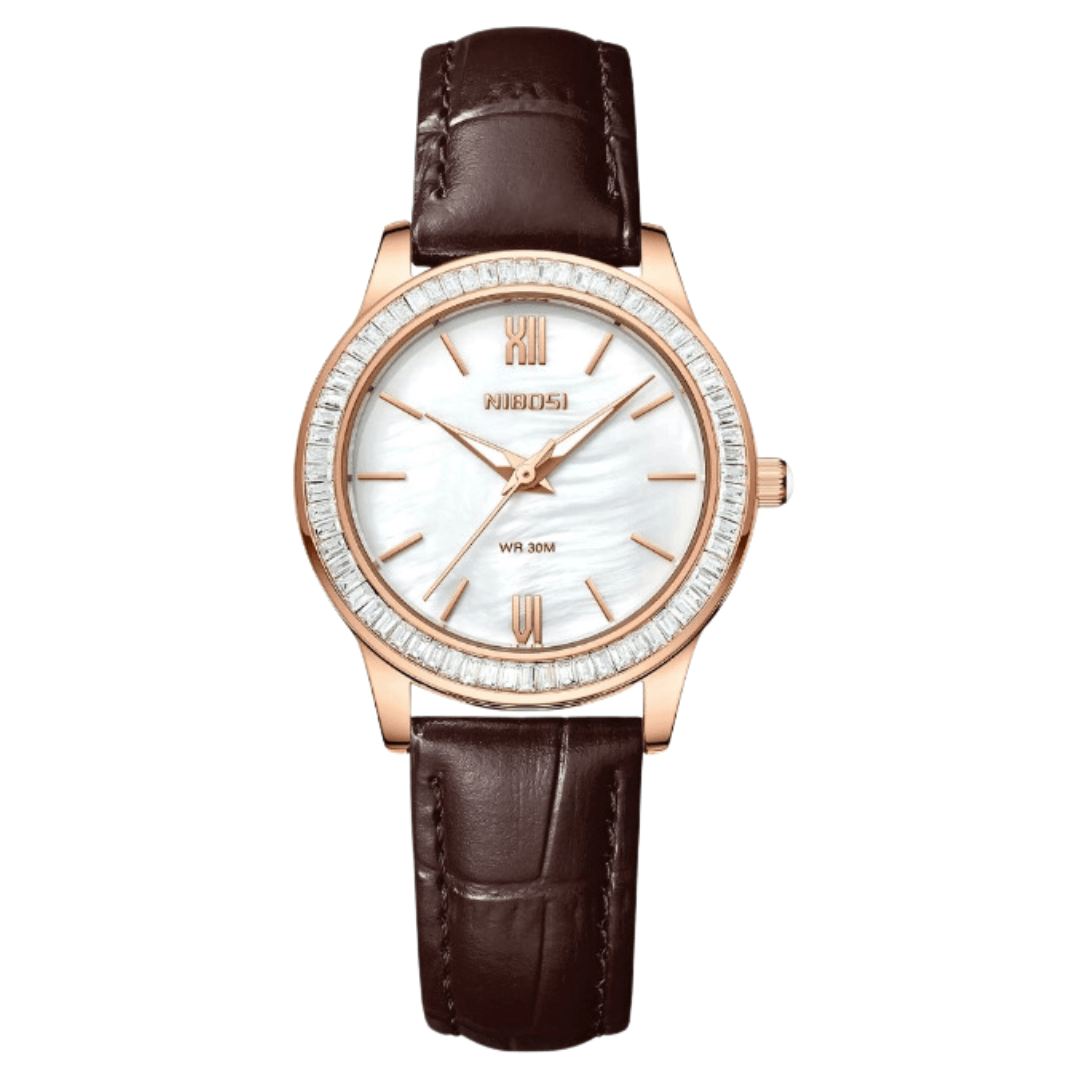 Relógio feminino Nibosi Nataly com pulseira de couro marrom e mostrador branco 