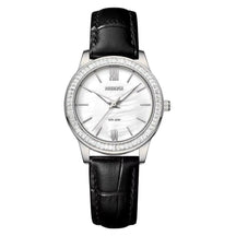 Relógio feminino Nibosi Nataly com pulseira de couro preta e mostrador branco 