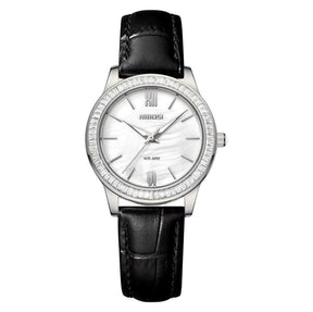 Relógio feminino Nibosi Nataly com pulseira de couro preta e mostrador branco 
