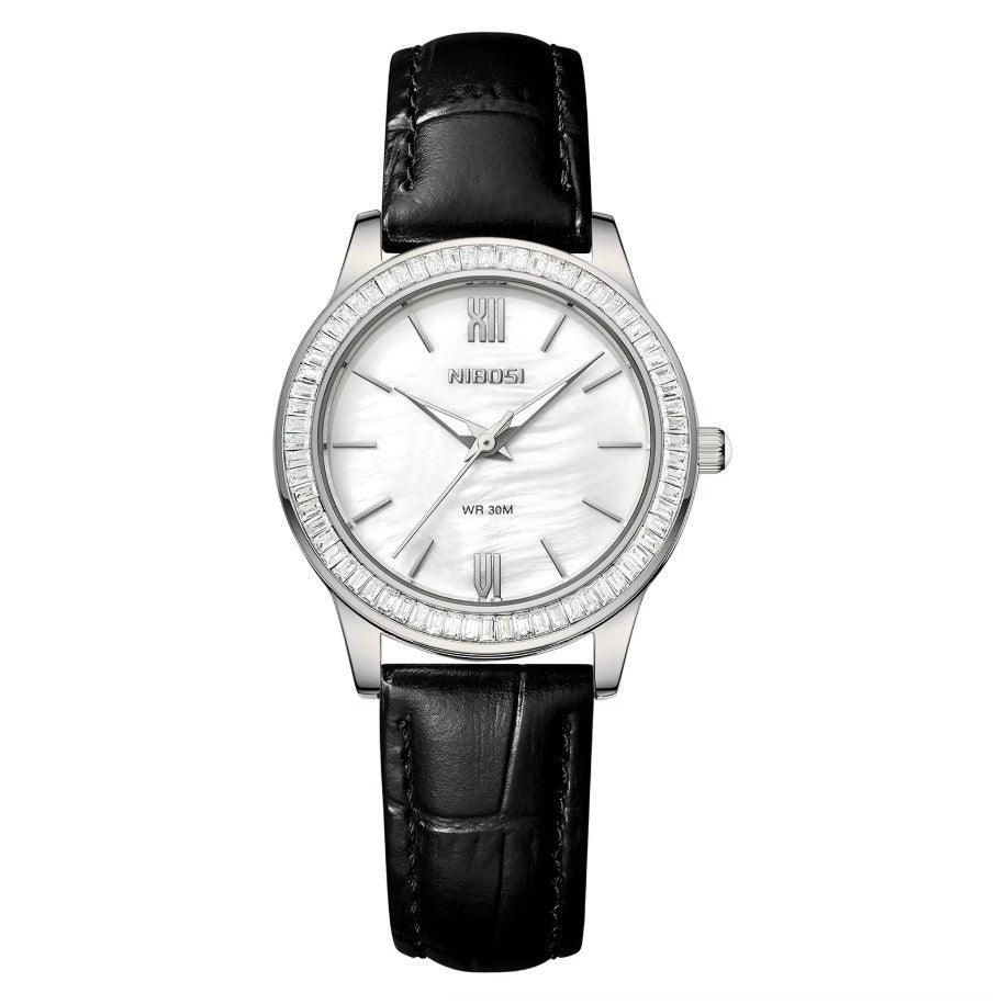 Relógio feminino Nibosi Nataly com pulseira de couro preta e mostrador branco 