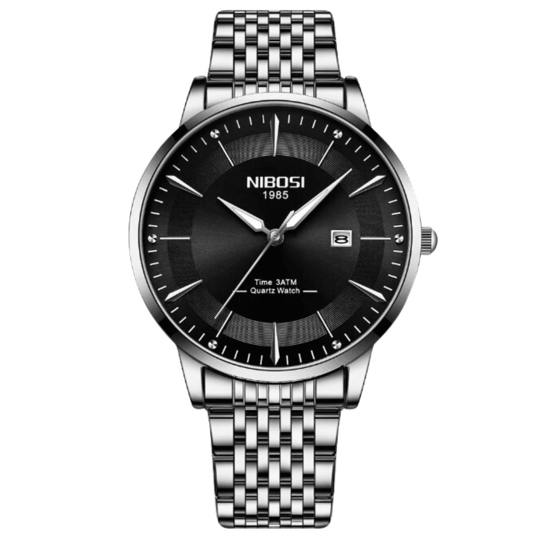 Relógio Nibosi Masculino com pulseira em aço inoxidável prata com visor preto