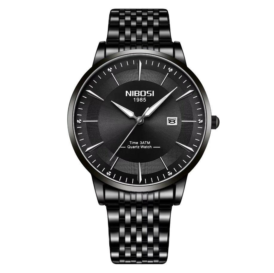 Relógio Nibosi Masculino com pulseira em aço inoxidável preta com visor preto