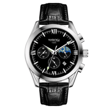 Relógio masculino Nibosi Hermes com pulseira de couro preta e visor preto com cronógrafo 