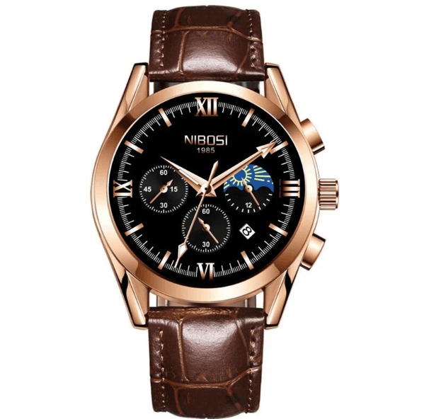 Relógio masculino Nibosi Hermes com pulseira de couro marrom e visor preto com cronógrafo 