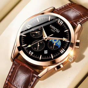 Relógio masculino Nibosi Hermes com pulseira de couro marrom e visor preto com cronógrafo 