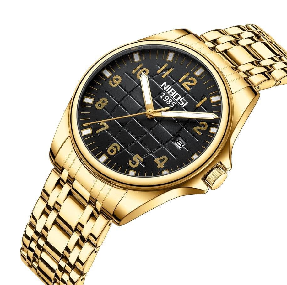 Relógio casual masculino Nibosi Horizont dourado com visor preto