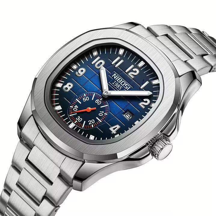 Zoom no relógio masculino cronógrafo Nibosi President pulseira de aço inoxidável prata com visor azul
