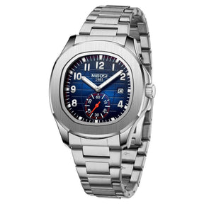 Relógio masculino cronógrafo Nibosi President pulseira de aço inoxidável prata com visor azul
