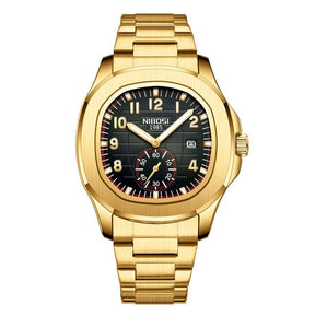 Relógio masculino cronógrafo Nibosi President pulseira de aço inoxidável dourada com visor preto