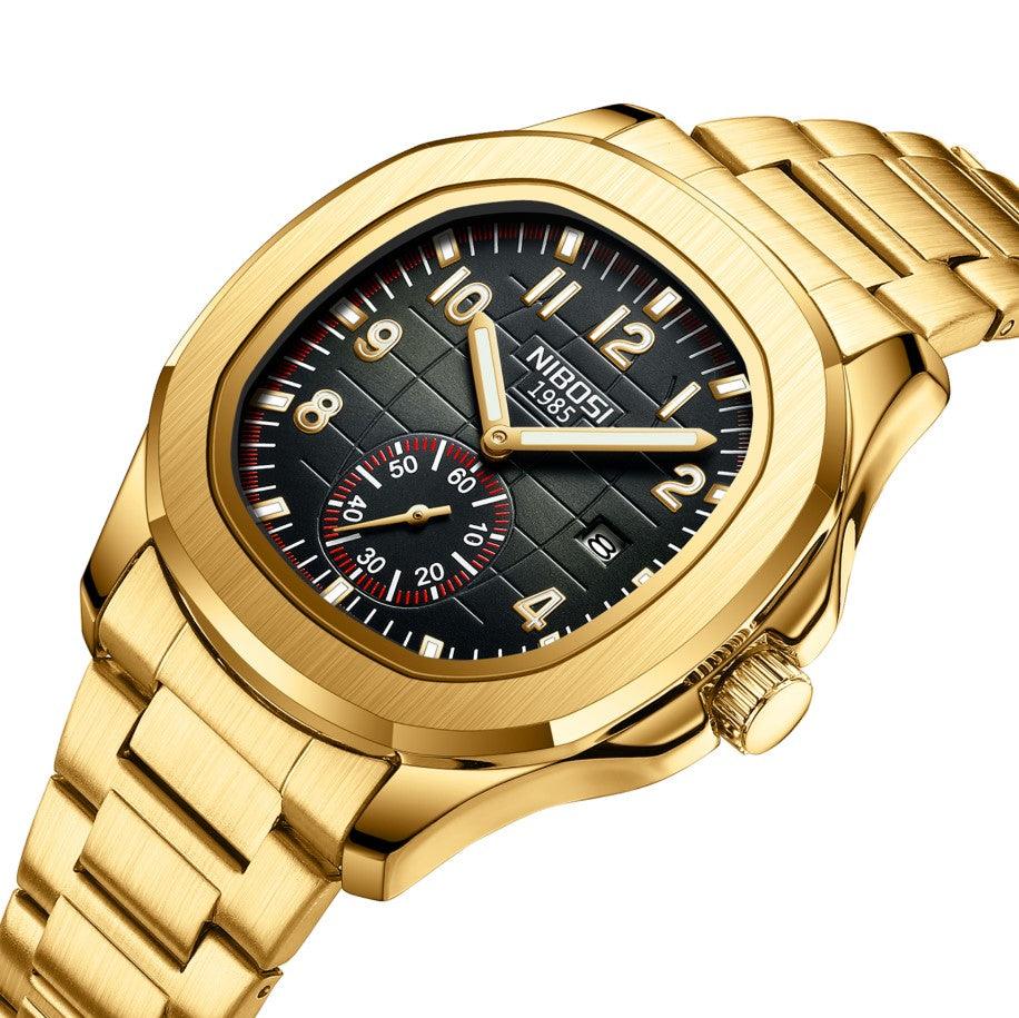 Zoom no relógio masculino cronógrafo Nibosi President pulseira de aço inoxidável dourada com visor preto