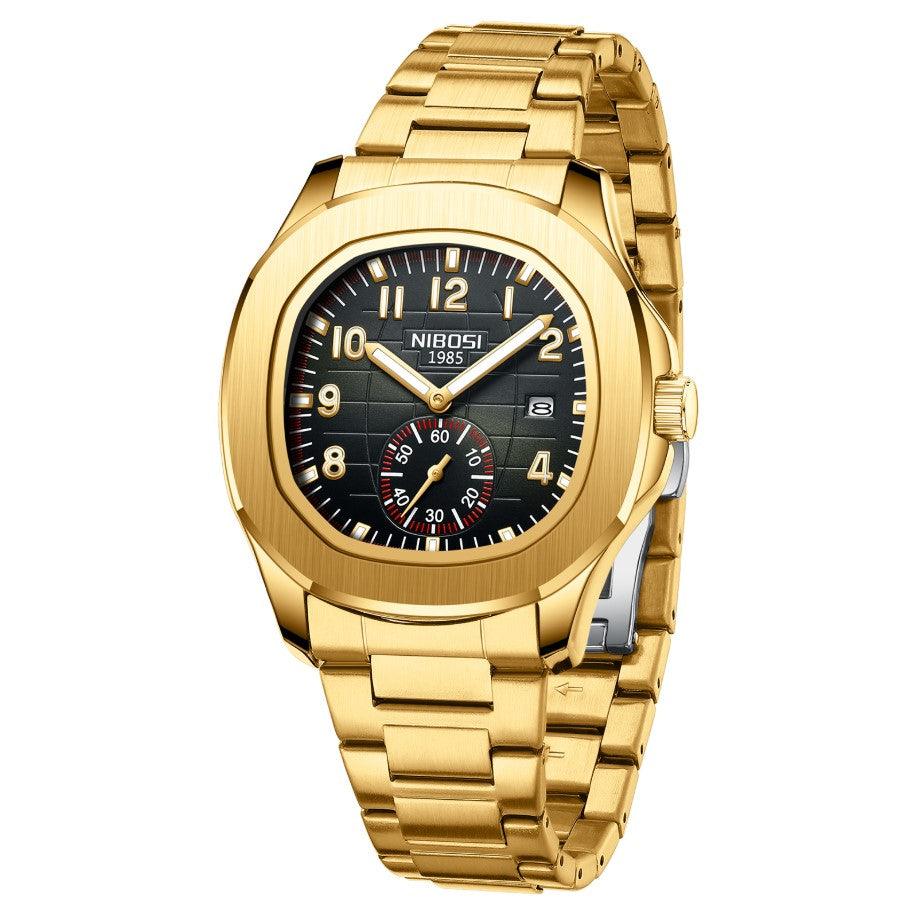 Relógio masculino cronógrafo Nibosi President pulseira de aço inoxidável dourada com visor preto