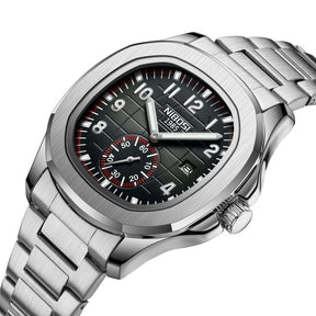 Zoom no relógio masculino cronógrafo Nibosi President pulseira de aço inoxidável prata com visor preto