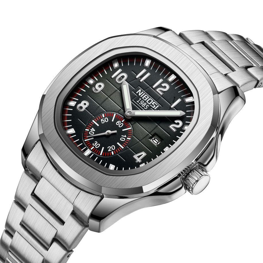 Zoom no relógio masculino cronógrafo Nibosi President pulseira de aço inoxidável prata com visor preto