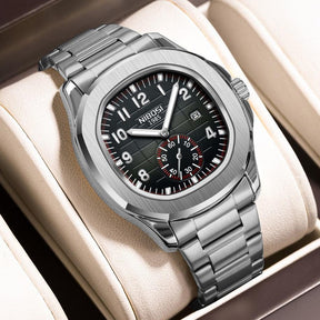 Relógio masculino cronógrafo Nibosi President pulseira de aço inoxidável prata com visor preto numa caixa 