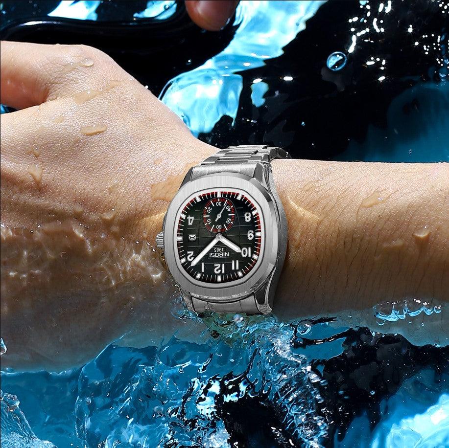 Relógio masculino cronógrafo Nibosi President pulseira de aço inoxidável prata com visor preto resistente à água 30 metros