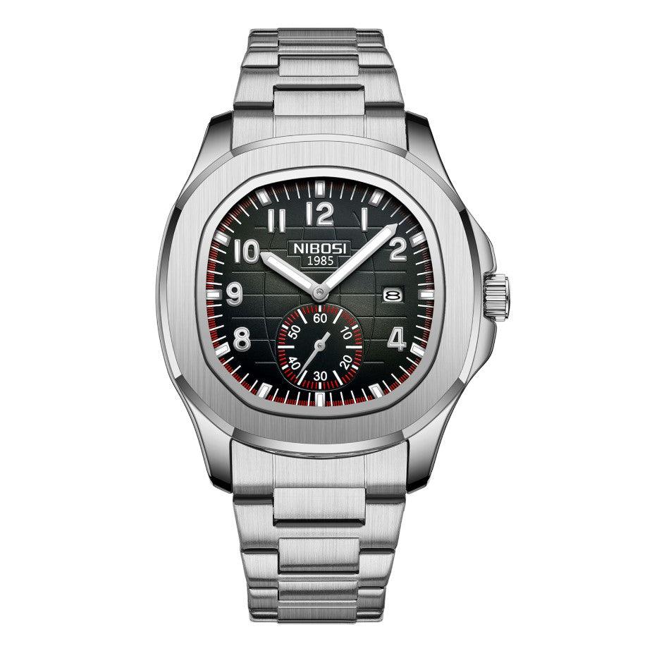 Relógio masculino cronógrafo Nibosi President pulseira de aço inoxidável prata com visor preto