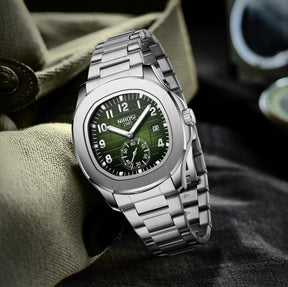 Relógio masculino cronógrafo Nibosi President pulseira de aço inoxidável prata com visor verde 