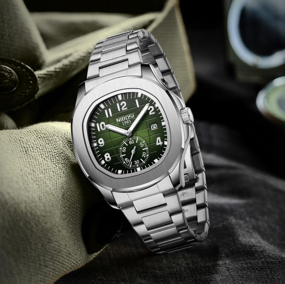 Relógio masculino cronógrafo Nibosi President pulseira de aço inoxidável prata com visor verde 