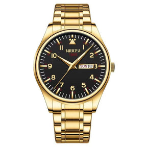 Relógio Nibosi masculino Syncro com pulseira de aço inoxidável dourada e visor preto