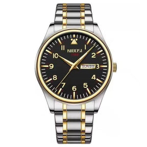 Relógio Nibosi masculino Syncro com pulseira de aço inoxidável prata com dourada e visor preto