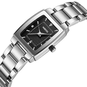 Relógio feminino minimalista pequeno com pulseira prata e visor preto 