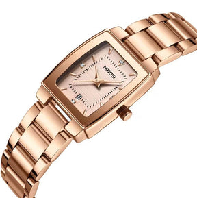Relógio feminino minimalista pequeno com pulseira rosé e visor rosé
