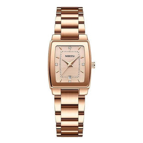Relógio feminino minimalista pequeno com pulseira rosé e visor rosé