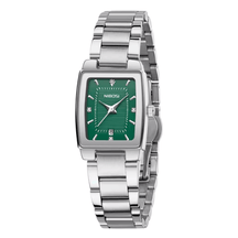 Relógio feminino minimalista pequeno com pulseira prata e visor verde