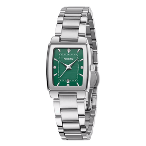 Relógio feminino minimalista pequeno com pulseira prata e visor verde