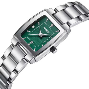 Relógio feminino minimalista pequeno com pulseira prata e visor verde