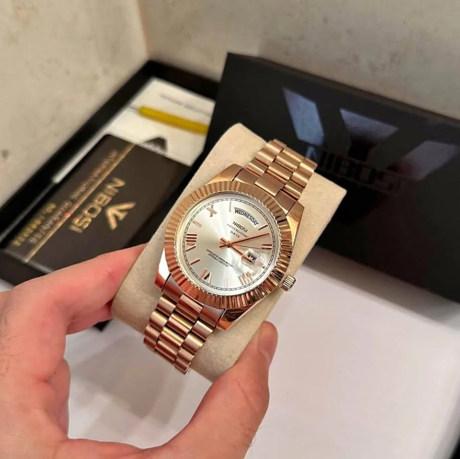 Relógio Nibosi Masculino 2628 Com Pulseira de Aço Inoxidável Rosé Com Visor Branco