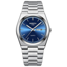 Relógio Nibosi Masculino Minimalista 2658 Com Pulseira de Aço Inoxidável Prata e Visor Azul