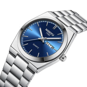 Relógio Nibosi Masculino Minimalista 2658 Com Pulseira de Aço Inoxidável Prata e Visor Azul
