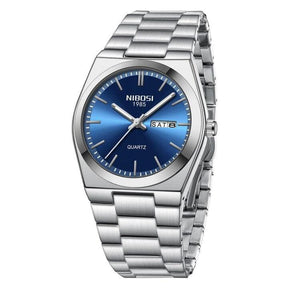 Relógio Nibosi Masculino Minimalista 2658 Com Pulseira de Aço Inoxidável Prata e Visor Azul