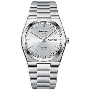 Relógio Nibosi Masculino Minimalista 2658 Com Pulseira de Aço Inoxidável Prata e Visor Branco