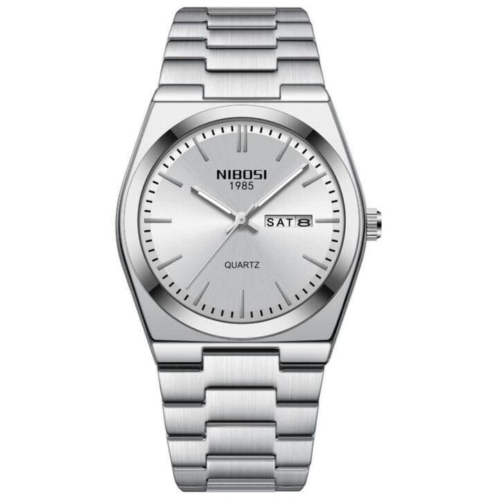 Relógio Nibosi Masculino Minimalista 2658 Com Pulseira de Aço Inoxidável Prata e Visor Branco